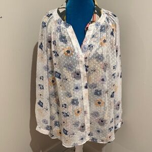 DR2 White Floral Blouse with Blue and Yellow Accents 2xL